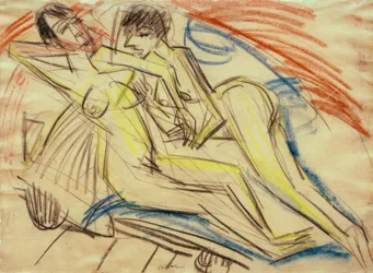 Zwei nackte Mädchen auf dem Bett